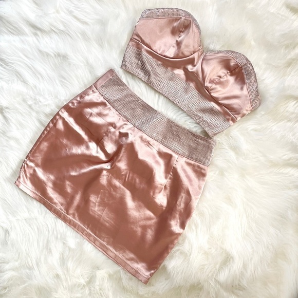 Satin Mauve Dusty Rose Pink Sequin Diamond Trim Two Piece Top and Skirt Set (S) - Picture 1 of 12